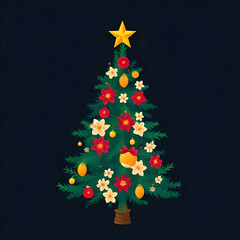 Obraz premium flower, christmas, tree, decorated, vector, festive, floral, bloom, ornament, petals, garland, winter, pine, spruce, leaves, foliage, botanical, nature, colorful, bright, vibrant, aesthetic, elegant, 