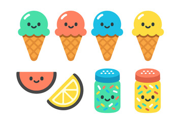 Fototapeta premium Colorful kawaii summer food icons set featuring ice cream cones fruit slices and sprinkle shakers