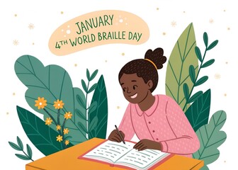 Young girl learning to read and write braille on world braille day