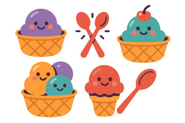 Adorable colorful ice cream scoops in waffle cones and bowls with smiling faces