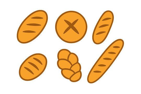 Set of various baked goods including baguette, round loaf, and braided bread