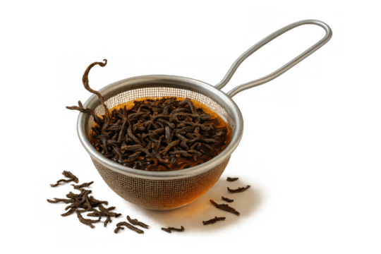 Loose leaf tea infusing in a metal strainer, preparing an aromatic hot beverage, fresh drink ingredients