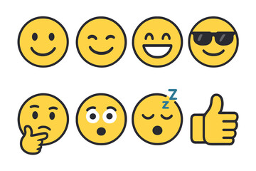Collection of yellow emoji faces showing happiness, surprise, sleepiness, shock, and positive thumbs up gesture