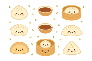 Fototapeta na wymiar Cute smiling Asian dumplings and dim sum set served in bamboo steamers with dipping sauce bowls