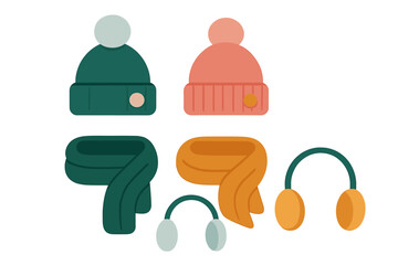Colorful collection of knitted winter hats scarves and earmuffs isolated on a white background
