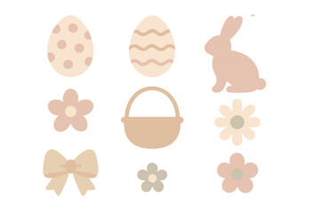 Muted pastel Easter elements set featuring eggs, bunny, basket, bow, and spring flowers