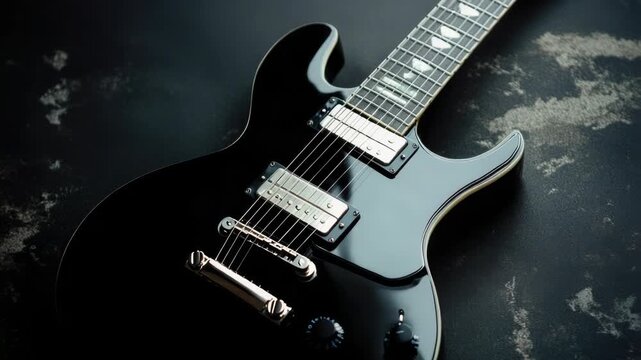 Video Close-up shot of a black electric guitar sitting on a table, ideal for music-related projects or as a decorative element