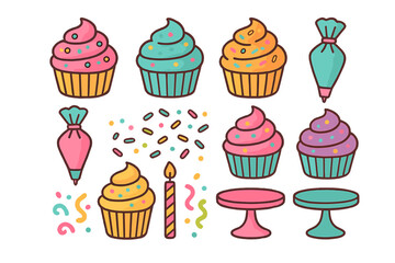 Brightly colored sweet dessert cupcakes baking tools and party decorations set
