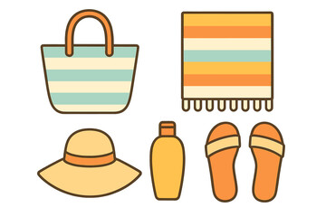 Colorful summer vacation accessories set including beach bag, wide-brimmed hat, towel, sunblock, and sandals