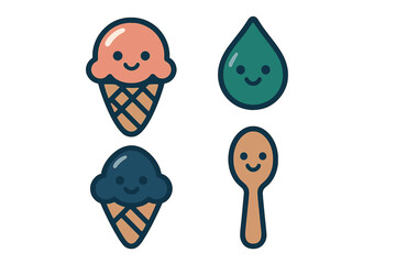 Cute smiling characters set featuring ice cream cones, a water drop, and a spoon