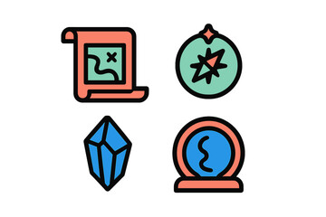 Fantasy adventure game icons: treasure map, compass, magic crystal, fortune orb