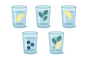 Five glasses of refreshing detox water infused with lemon, mint, and blueberries