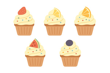 Five colorful cupcakes decorated with cream frosting, fruit toppings, and sprinkles