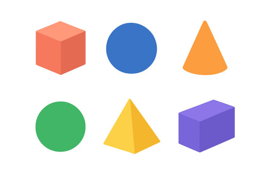 Colorful set of basic geometric shapes including cube sphere cone pyramid and cuboid