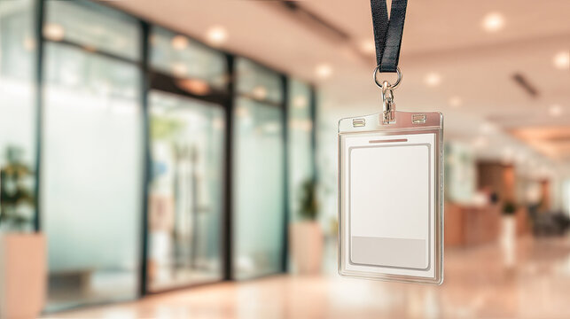 Blank identification badge hanging on a lanyard in a modern office building hallway with glass doors and plants