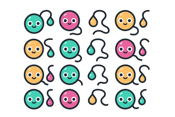 Seamless repeating pattern of abstract round faces and colorful teardrop shapes