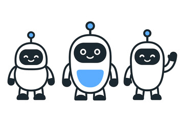 Three cute friendly artificial intelligence chatbot characters standing in a row