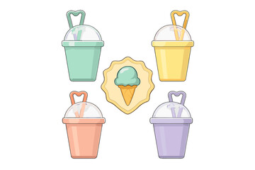 Pastel reusable cups with heart handles and a central ice cream cone graphic