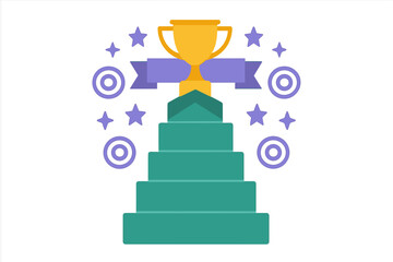 Golden trophy cup on a tiered pedestal surrounded by stars and abstract decorative elements