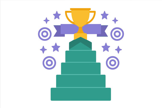 Golden trophy cup on a tiered pedestal surrounded by stars and abstract decorative elements