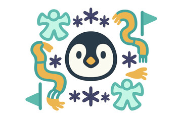 Playful graphic of a cute penguin head surrounded by abstract winter elements and snowflakes