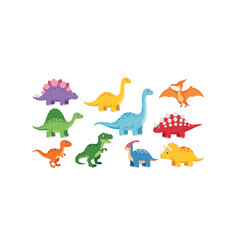 Large Collection of Cute Cartoon Dinosaur Vector Illustrations in Bright Colors, Featuring T-Rex, Stegosaurus, Brontosaurus, and Pterodactyl for Kids' Educational Designs and Prints.