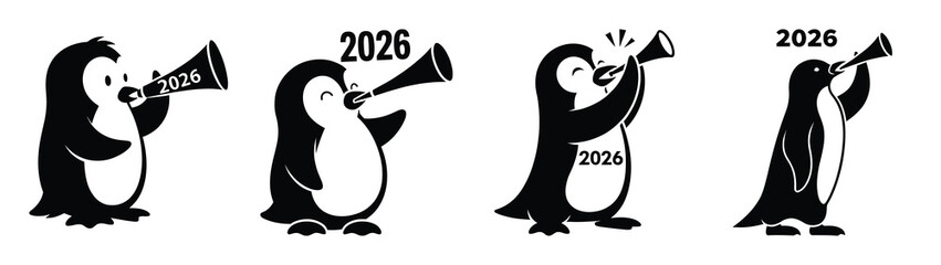 funny penguin blowing horn silhouette funny vector illustration