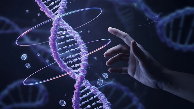 Human hand interacting with a glowing purple dna helix in futuristic science