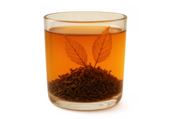Black tea brewing in glass cup with floating skeleton leaves and loose leaf mixture, transparent background