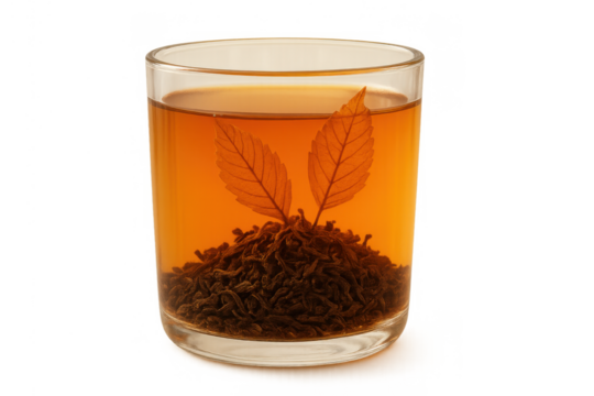 Black tea brewing in glass cup with floating skeleton leaves and loose leaf mixture, transparent background - Powered by Adobe
