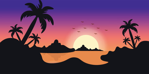 sunset on the beach coconut tree with mountain and river vector poster