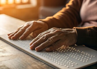 Elderly person s hands reading braille text on a white surface
