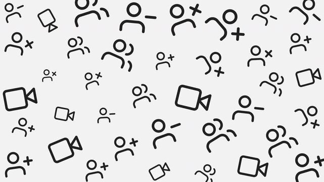 Seamless pattern of black video camera and female symbols on white background, graphic design, abstract digital illustration, flat viewpoint, technology concept
