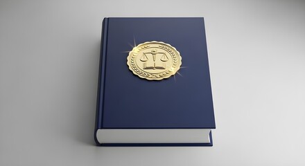 A hardcover law book featuring a gold justice emblem with scales and laurels, photographed on a neutral background.