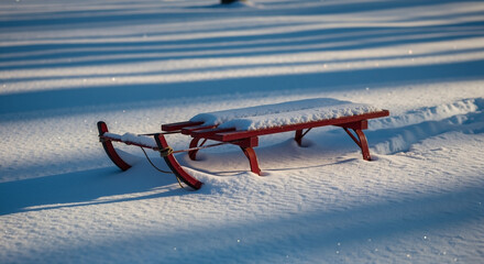 Red sled covered with snow on winter landscape with long shadows
