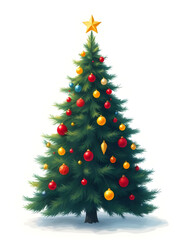 christmas, tree, decorated, realistic, 3D style, glossy ornaments, shining lights, dramatic highlights, winter celebration, photo style, detailed needles, reflective balls, metal hooks, sparkling star