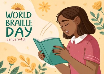 Young girl reading a book with braille text on world braille day