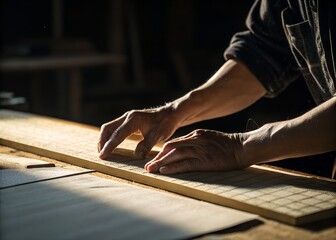 Close up of carpenter s hands measuring wood plank in workshop