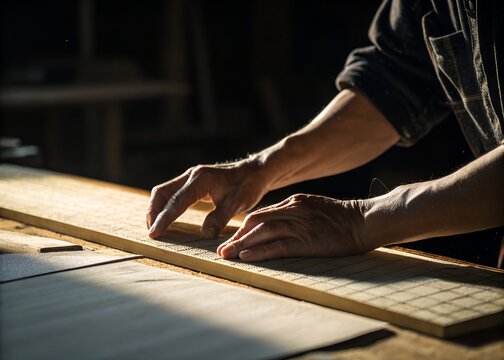 Close up of carpenter s hands measuring wood plank in workshop