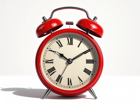 Red clock with roman numerals against a white backdrop