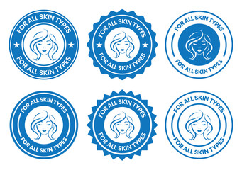 For all skin types label icon set. Face beauty women skin care packaging label for cream, toner, moisturizer, facial mask, lotion, logo, badge, symbol, black, line vector, isolated on white background