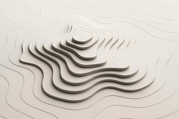 Abstract topographic map background, 3D render of layered contour lines, minimal white and beige terrain elevation, smooth geological survey and cartography concept, clean modern design texture