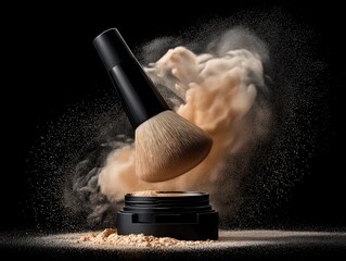 Elegant cosmetic brush releasing powder against dark background, perfect for beauty ads, makeup tutorials, or illustrating the art of transformation
