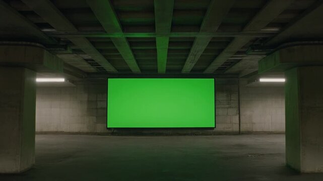 Empty concrete parking garage with a large green screen