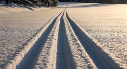 Parallel cross-country ski tracks lead through a pristine, sunlit snowfield towards a distant forest at sunset.