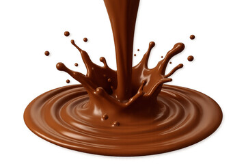 Pouring liquid chocolate creating splash and ripple, delicious melted cocoa stream on transparent background