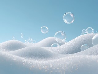 Gentle bubbles floating above soft, sparkling foam against a calming light blue background for your next fresh and clean advertising campaign today