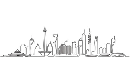 Fototapeta premium Vector Single Line Minimalist Jakarta Skyline Illustration Highlighting Cityscape Silhouette, Iconic Landmarks, Panoramic Horizon, and Clean Urban Outline for Creative Projects