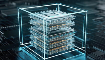 Microchip technology encased in glass: A visually striking display of cutting-edge technology featuring stacked microchips encased in a transparent, glowing glass structure.