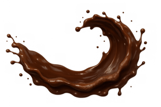 Rich chocolate liquid wave splashing with drops and sprinkles, creating a dynamic flowing sweet cocoa effect